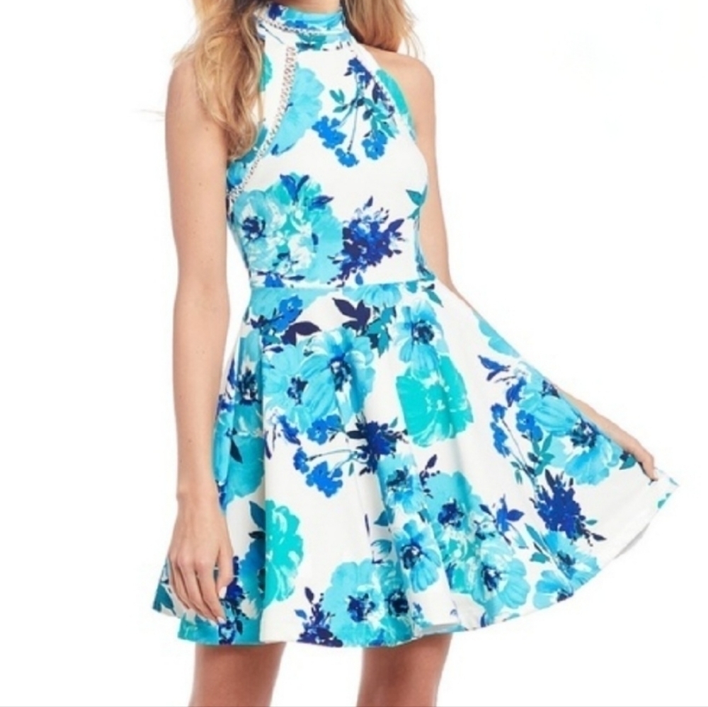 B. Darlin Fit & Flare Floral Mock Neck Crochet Trim Dress Blue 15 / 16